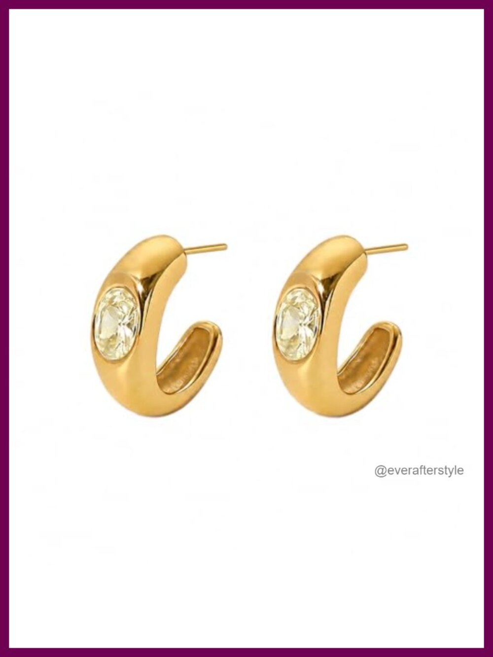 18k Gold Chunky Hoop Earrings CZ Lemon Stone Bold Statement